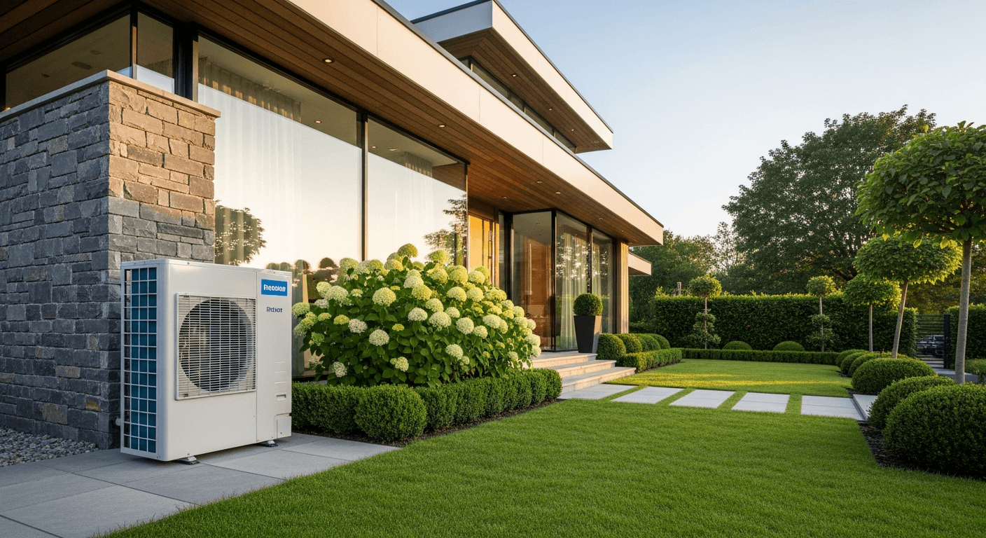 Wärmepumpen-Außeneinheit an einem modernen Einfamilienhaus mit Garten
