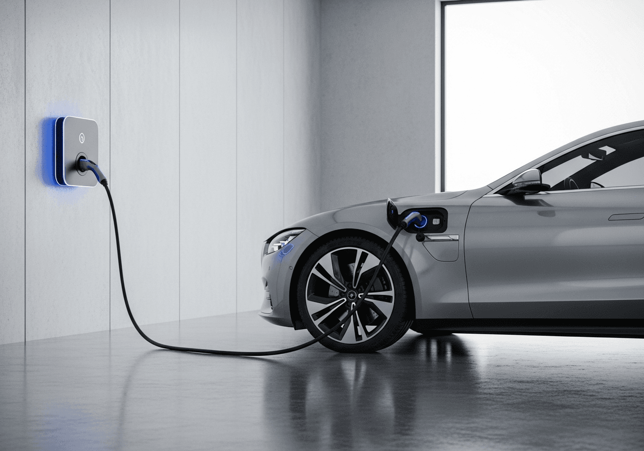 Elektroauto lädt an einer Wallbox in der Garage